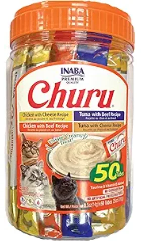    - Cat food for dental health  INABA Churu Cat Treats, Grain-Free, Lickable, Squeezable Creamy Purée Cat Treat/Topper with Vitamin E & Taurine, 0.5 Ounces Each Tube, 50 Tubes, Beef & Cheese Variety