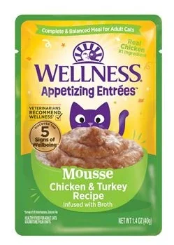    - Chicken flavor cat food  Wellness Appetizing Entrées™ Mousse Chicken & Turkey Recipe Infused with Broth Natural Wet Cat Food, 1.4 Ounce Pouch