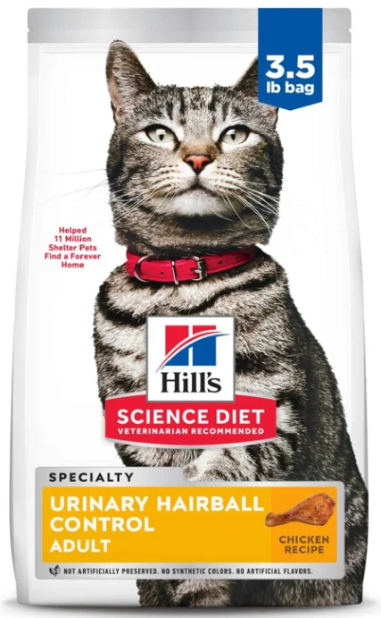    - Cat food for spayed/neutered cats  Hill's Science Diet Urinary Hairball Control, Adult 1-6, Urinary Track Health & Hairball Control Support, Dry Cat Food, Chicken Recipe, 3.5 lb Bag