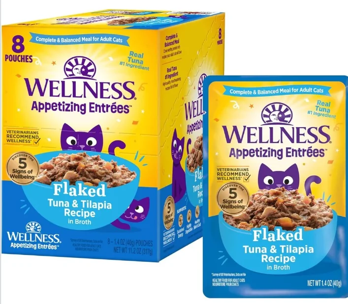    - Where to buy imported cat food  Wellness Appetizing Entrees Tuna & Tilapia Natural Grain-Free Flaked Wet Cat Food - 1.4 oz