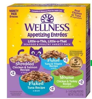    - Grain-free cat food recommendations  Wellness Appetizing Entrées™ Little-a-This, Little-a-That, Seafood & Poultry Variety Pack, Natural Wet Cat Food, 1.4 Ounce Pouch, 8 Count