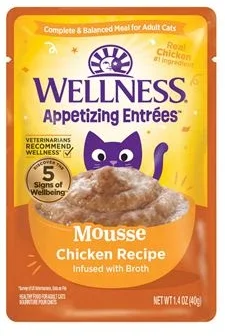    - High-fiber cat food  Wellness Appetizing Entrées™ Mousse Chicken Recipe Infused with Broth Natural Wet Cat Food, 1.4 Ounce Pouch