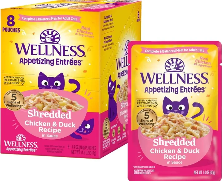    - Recommended online stores for cat food  Wellness Appetizing Entrees Chicken & Duck Natural Grain-Free Shredded Wet Cat Food - 1.4 oz