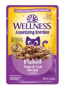 4. **Price and Purchasing**  Wellness Appetizing Entrées™ Flaked Tuna & Cod Recipe in Broth Natural Wet Cat Food, 1.4 Ounce Pouch