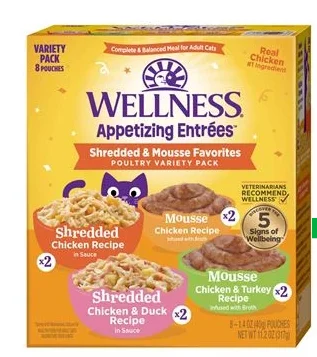    - Fish-based cat food  Wellness Appetizing Entrées™ Shredded & Mousse Favorites, Poultry Variety Pack, Natural Wet Cat Food, 1.4 Ounce Pouch, 8 Count