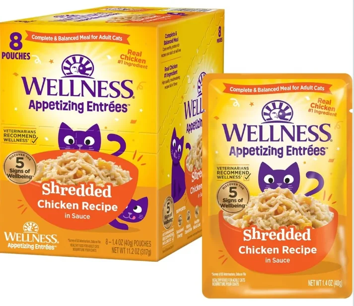 5. **Health and Nutrition**  Wellness Appetizing Entrees Chicken Natural Grain-Free Shredded Wet Cat Food - 1.4 oz