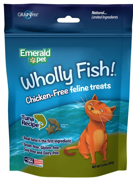    - Senior cat food  Emerald Pet Wholly Fish! Chicken-Free Feline Treats, Tuna Recipe — Tasty and Crunchy Tuna Cat Treats with Real Tuna — Chicken Free, Grain Free, Natural Cat Treats — Made in USA, 3 oz