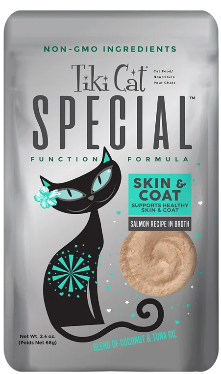 2. **Brand-Related**  Tiki Cat Special Skin & Coat Salmon Recipe in Broth Wet Cat Food