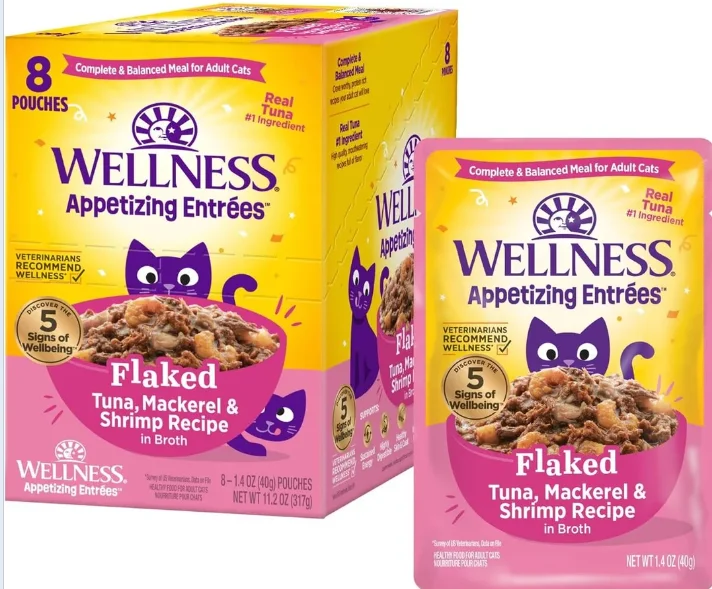    - Affordable cat food with good quality  Wellness Appetizing Entrees Tuna, Mackerel & Shrimp Natural Grain-Free Wet Cat Food - 1.4 oz