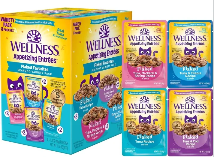    - Natural ingredient cat food  Wellness Appetizing Entrees Flaked Favorites Seafood Variety Pack Wet Cat Food - 1.4 oz 8-Pack