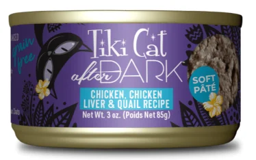    - Indoor cat food  Tiki Cat – Chicken, Chicken Liver & Quail Pate – After Dark – 3oz Cat Food Can