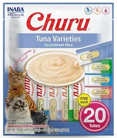    - Cat food for digestive health  INABA Churu Cat Treats, Lickable, Squeezable Creamy Purée Cat Treat with Green Tea Extract & Taurine, 0.5 Ounces Each Tube, 20 Tubes, Chicken Variety