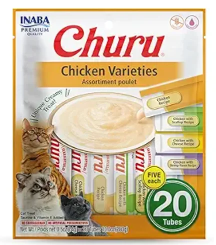    - Cat food for immune system support  INABA Churu Cat Treats, Grain-Free, Lickable, Squeezable Creamy Purée Cat Treat/Topper with Vitamin E & Taurine, 0.5 Ounces Each Tube, 20 Tubes, Chicken Variety