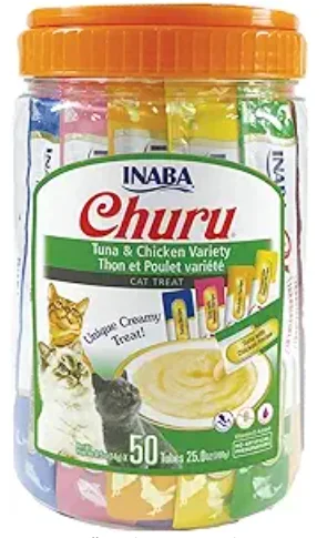    - Cat food for coat health  INABA Churu Cat Treats, Grain-Free, Lickable, Squeezable Creamy Purée Cat Treat/Topper with Vitamin E & Taurine, 0.5 Ounces Each Tube, 50 Tubes, Tuna & Chicken Variety