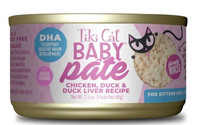    - Weight management cat food  Tiki Cat Baby Pate, Wet Cat Food, Chicken, Duck & Duck Liver, 2.4 oz. Can